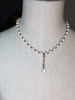Signed ALJ Ivory Colored Howlite Beaded 18" Necklace w "Be" Silver Toned Drop